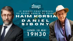 Promotional poster for a monthly meeting with Haim Korsia and Daniel Sibony, Mon May 18 at 19:30 (7:30 PM).
