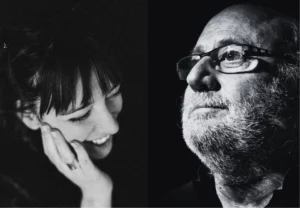 Charlotte Planchou ©Alessandro Camillo Split black-and-white portrait: left panel shows a smiling woman with hand against her cheek; right panel shows a bearded man wearing glasses, looking upward.