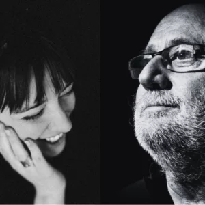 Split black-and-white portrait: left panel shows a smiling woman with hand against her cheek; right panel shows a bearded man wearing glasses, looking upward.