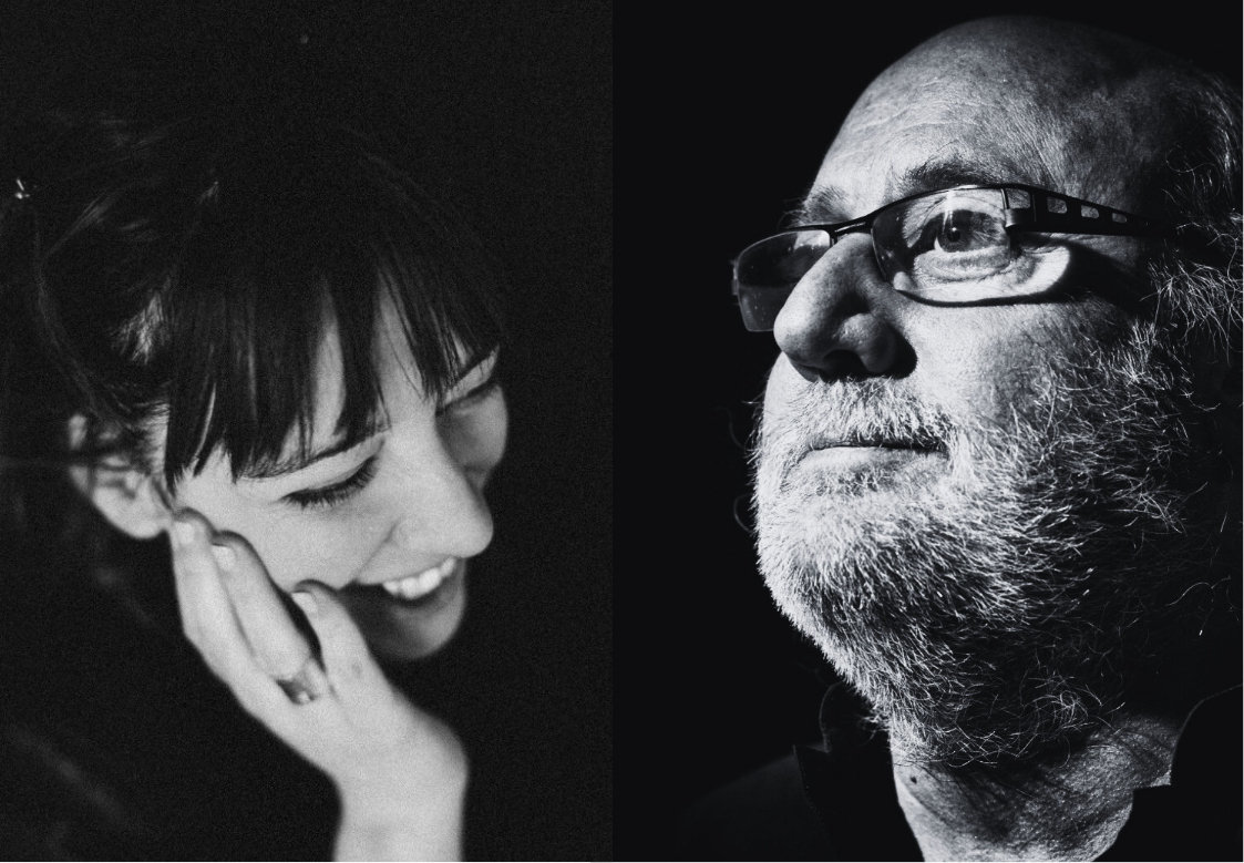 Split black-and-white portrait: left panel shows a smiling woman with hand against her cheek; right panel shows a bearded man wearing glasses, looking upward.
