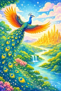 Vibrant blue and orange phoenix in flight with an ornate peacock like tail soaring over a lush river valley toward a distant golden city skyline under a starry sky