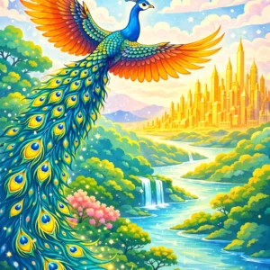 Vibrant blue and orange phoenix in flight, with an ornate peacock-like tail, soaring over a lush river valley toward a distant golden city skyline under a starry sky.