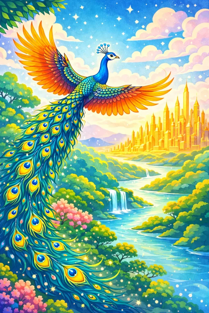 Vibrant blue and orange phoenix in flight with an ornate peacock like tail soaring over a lush river valley toward a distant golden city skyline under a starry sky