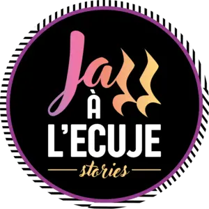 Circular logo badge on black with a purple rim featuring pink Jai and white à lécoute with stories script text underneath