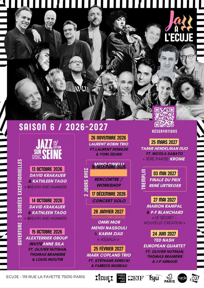 Promotional poster for Jazz à lÉcuje Season 6 20262027 with a collage of musicians and a purple schedule grid at the bottom edge