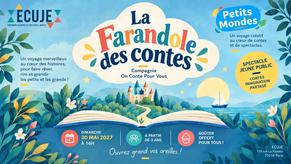 Poster for La Farandole des contes a childrens storytelling show with an open book and a colorful landscape