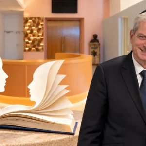 Moché Lewin dans l’accueil de l’ECUJE, près d’un livre ouvert évoquant deux profils en dialogue.