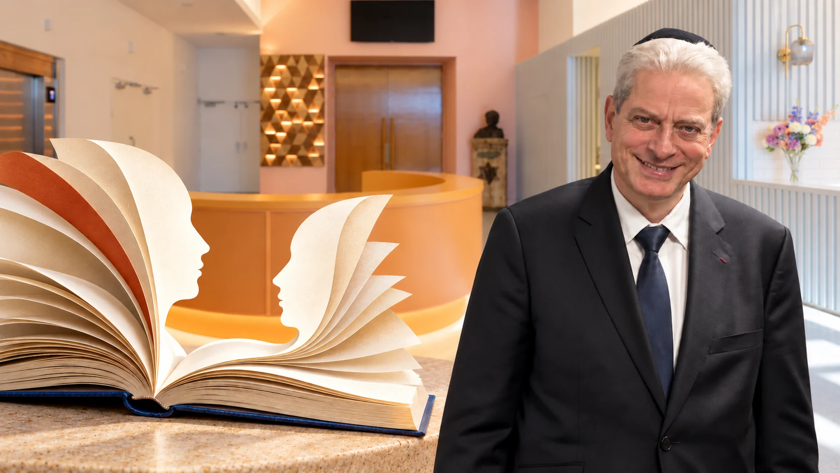 Moché Lewin dans laccueil de lECUJE près dun livre ouvert évoquant deux profils en dialogue