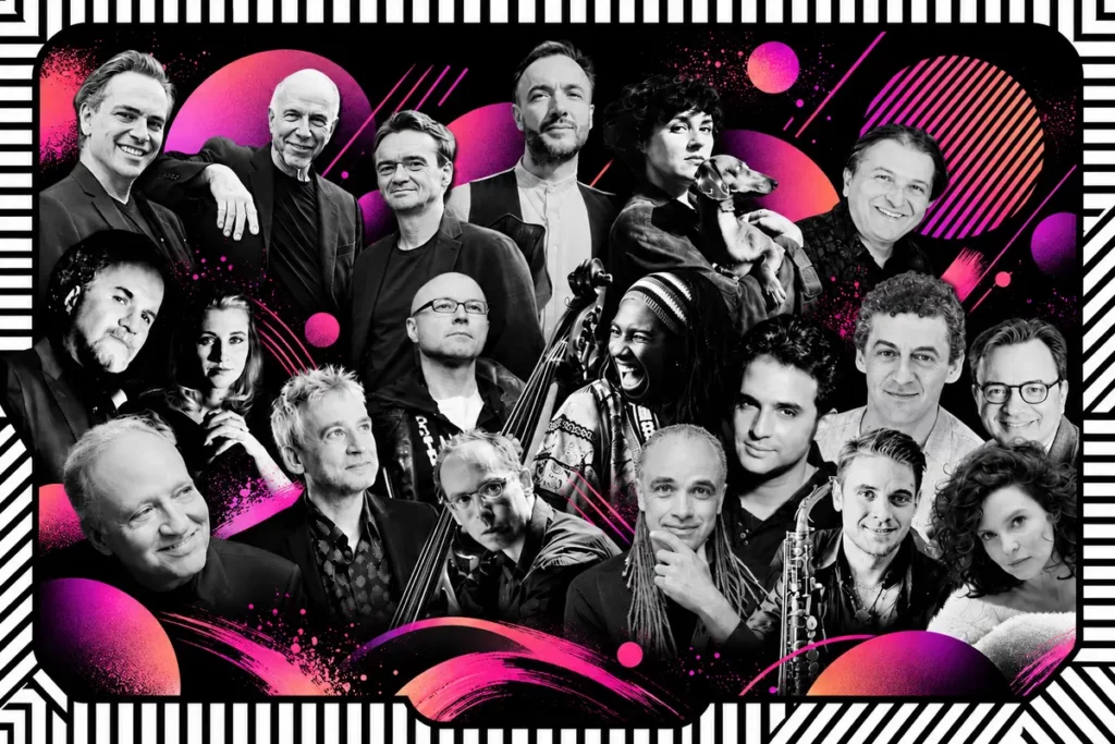 Visuelnouvellesaisonjazzalecuje202627 ECUJE ECUJE Jazz à lECUJE 2026 2027 les visages dune saison Les conférences musicales les histoires qui font vibrer le jazz 1 sélection en lien avec les cultures juives Les conférences musicales le jazz au fil des cultures juives Créer un visuel inspiré du document du communiqué de presse Image générée 1 Voici le visuel au format paysage inspiré du communiqué portraits en noir et blanc accents roses et violets et hommage à René Urtreger au centre décliner sans les textes Image générée 1 Voici la déclinaison sans texte ni logo avec les portraits et les couleurs du visuel Un titre pour limage Jazz à lECUJE 2026 2027 les visages dune saison