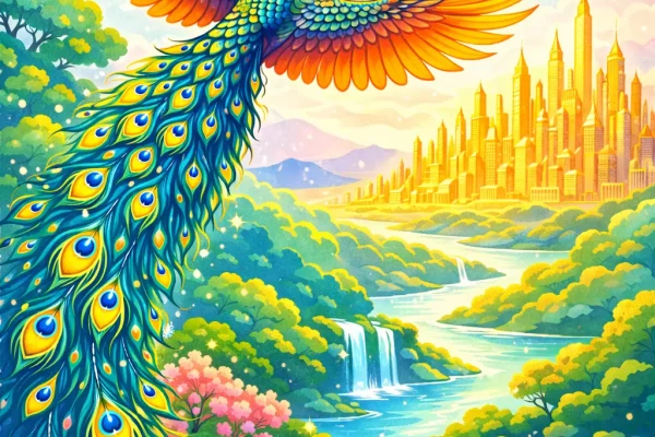 Vibrant blue and orange phoenix in flight, with an ornate peacock-like tail, soaring over a lush river valley toward a distant golden city skyline under a starry sky.