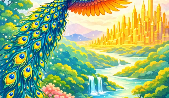 Vibrant blue and orange phoenix in flight, with an ornate peacock-like tail, soaring over a lush river valley toward a distant golden city skyline under a starry sky.