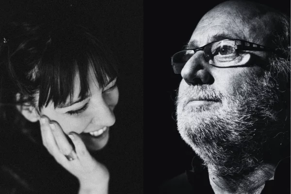 Split black-and-white portrait: left panel shows a smiling woman with hand against her cheek; right panel shows a bearded man wearing glasses, looking upward.