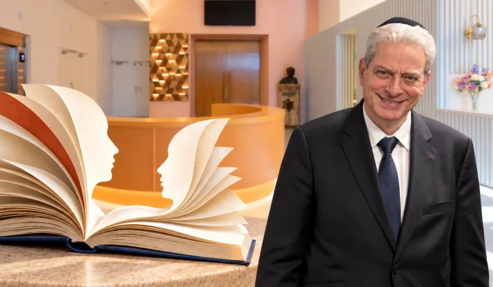 Moché Lewin dans l’accueil de l’ECUJE, près d’un livre ouvert évoquant deux profils en dialogue.