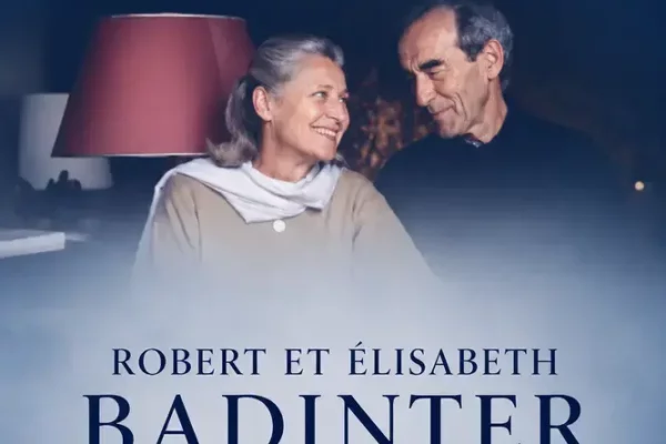 Lecture poster: elderly couple smiling at each other, with the text 'ROBERT ET ÉLISEBAST Badinter' and the large word 'BADINTER' beneath, plus decorative elements at top and bottom.